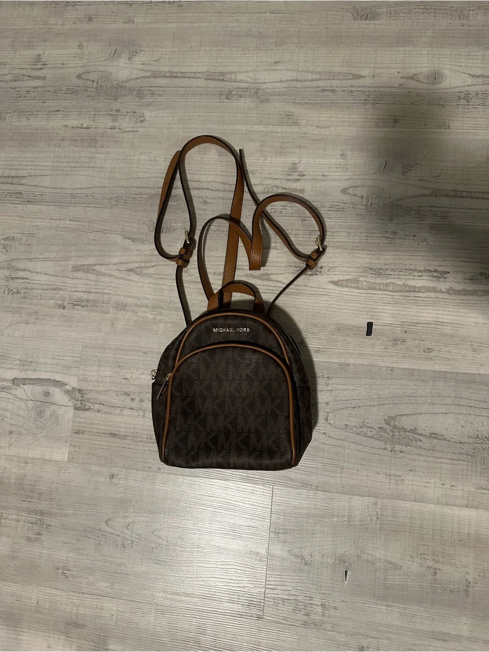 Michael Kors Dark Brown MK Monogram Mini Backpack with Tan Trim